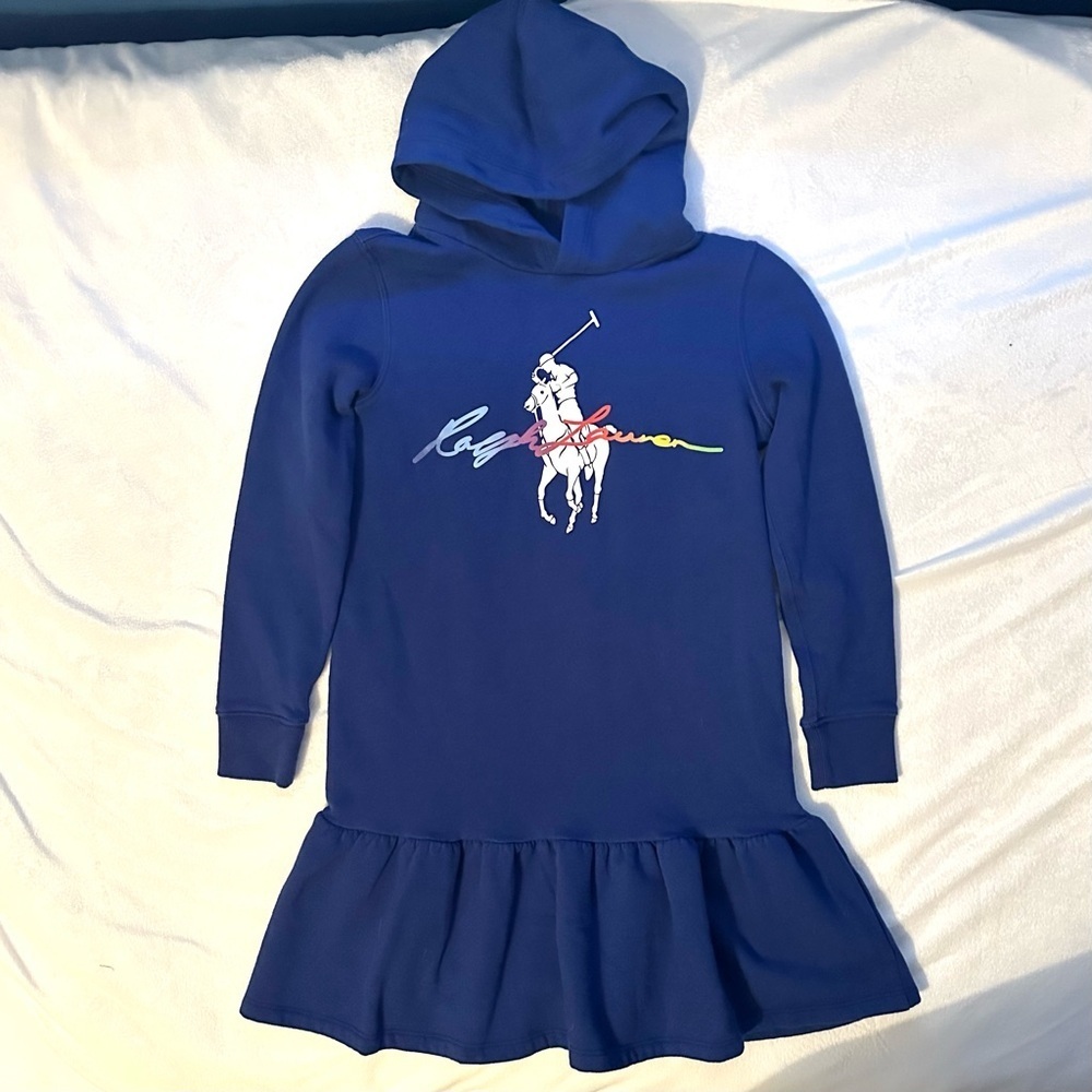 Polo Ralph Lauren Pony Jockey Logo Fleece Hoodie Dress Blue Girls 10-12
